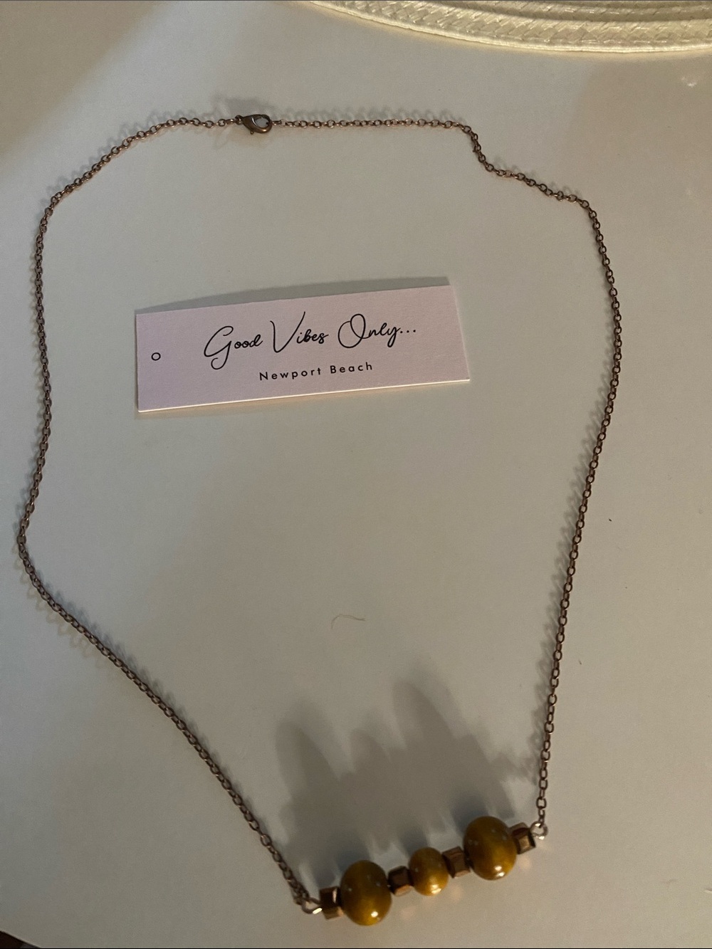 Good Vibes Only Gunmetal with Amber and Wood Beaded Necklace!